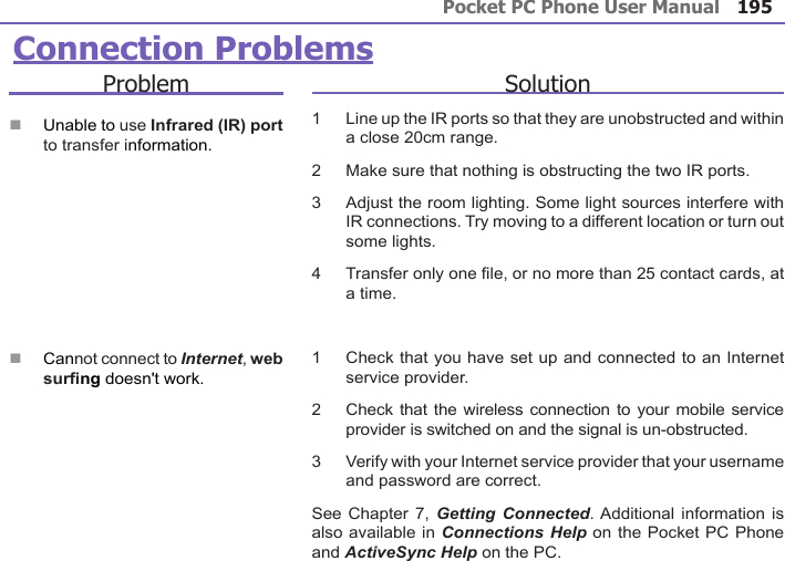 Pocket PC Phone User Manual194Pocket PC Phone User Manual 195 Connection ProblemsProblemn Unable to use Infrared (IR) port to transfer information.n Cannot connect to Internet, web surng doesn&apos;t work.Solution1     Line up the IR ports so that they are unobstructed and within a close 20cm range.2     Make sure that nothing is obstructing the two IR ports.3     Adjust the room lighting. Some light sources interfere with IR connections. Try moving to a different location or turn out some lights.4     Transfer only one le, or no more than 25 contact cards, at a time.1     Check that you have set up and connected to an Internet service provider.2     Check that the wireless connection to your mobile service provider is switched on and the signal is un-obstructed.3     Verify with your Internet service provider that your username and password are correct.See Chapter 7,  Getting Connected. Additional  information is also available in Connections Help on the Pocket PC Phone and ActiveSync Help on the PC.