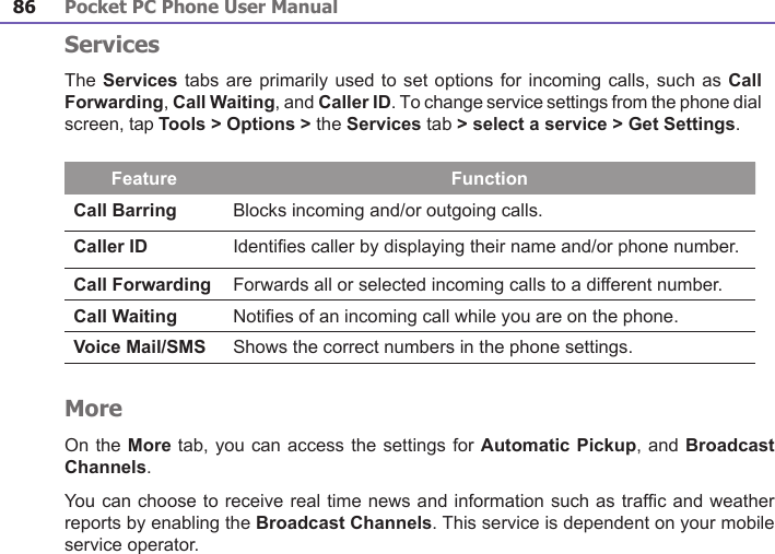 Pocket PC Phone User Manual86ServicesThe Services tabs are primarily used to set options for incoming calls, such as Call Forwarding, Call Waiting, and Caller ID. To change service settings from the phone dial screen, tap Tools &gt; Options &gt; the Services tab &gt; select a service &gt; Get Settings.Feature  FunctionCall Barring Blocks incoming and/or outgoing calls.Caller ID Identies caller by displaying their name and/or phone number.Call Forwarding Forwards all or selected incoming calls to a different number.Call Waiting Noties of an incoming call while you are on the phone.Voice Mail/SMS Shows the correct numbers in the phone settings.MoreOn the More tab, you can access the settings for Automatic Pickup, and Broadcast Channels.You can choose to receive real time news and information such as trafc and weather reports by enabling the Broadcast Channels. This service is dependent on your mobile service operator.