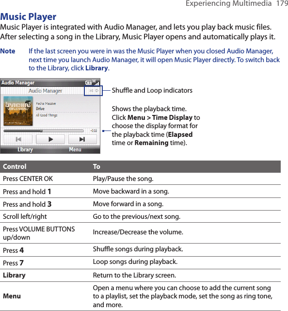 Experiencing Multimedia  179Music PlayerMusic Player is integrated with Audio Manager, and lets you play back music files. After selecting a song in the Library, Music Player opens and automatically plays it.Note  If the last screen you were in was the Music Player when you closed Audio Manager, next time you launch Audio Manager, it will open Music Player directly. To switch back to the Library, click Library.Shuffle and Loop indicatorsShows the playback time. Click Menu &gt; Time Display to choose the display format for the playback time (Elapsed time or Remaining time).Control ToPress CENTER OK Play/Pause the song.Press and hold 1Move backward in a song.Press and hold 3Move forward in a song.Scroll left/right Go to the previous/next song.Press VOLUME BUTTONS up/down Increase/Decrease the volume.Press 4Shuffle songs during playback.Press 7Loop songs during playback.Library Return to the Library screen.MenuOpen a menu where you can choose to add the current song to a playlist, set the playback mode, set the song as ring tone, and more.