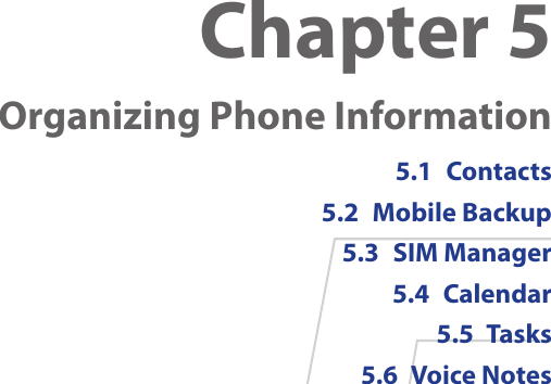 Chapter 5  Organizing Phone Information5.1  Contacts 5.2  Mobile Backup5.3  SIM Manager5.4  Calendar5.5  Tasks5.6  Voice Notes