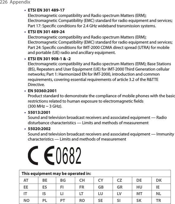 226  Appendix• ETSI EN 301 489-17  Electromagnetic compatibility and Radio spectrum Matters (ERM); Electromagnetic Compatibility (EMC) standard for radio equipment and services; Part 17: Specific conditions for 2.4 GHz wideband transmission systems.• ETSI EN 301 489-24  Electromagnetic compatibility and Radio spectrum Matters (ERM); Electromagnetic Compatibility (EMC) standard for radio equipment and services; Part 24: Specific conditions for IMT-2000 CDMA direct spread (UTRA) for mobile and portable (UE) radio and ancillary equipment.• ETSI EN 301 908-1 &amp; -2  Electromagnetic compatibility and Radio spectrum Matters (ERM); Base Stations (BS), Repeaters and User Equipment (UE) for IMT-2000 Third Generation cellular networks; Part 1: Harmonized EN for IMT-2000, introduction and common requirements, covering essential requirements of article 3.2 of the R&amp;TTE Directive.• EN 50360:2001 Product standard to demonstrate the compliance of mobile phones with the basic restrictions related to human exposure to electromagnetic fields  (300 MHz ~ 3 GHz).• 55013:2001 Sound and television broadcast receivers and associated equipment — Radio disturbance characteristics — Limits and methods of measurement• 55020:2002 Sound and television broadcast receivers and associated equipment — Immunity characteristics — Limits and methods of measurement This equipment may be operated in:AT BE BG CH CY CZ DE DKEE ES FI FR GB GR HU IEIT IS LI LT LU LV MT NLNO PL PT RO SE SI SK TR