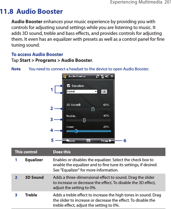 Experiencing Multimedia  20111.8  Audio BoosterAudio Booster enhances your music experience by providing you with controls for adjusting sound settings while you are listening to music. It adds 3D sound, treble and bass effects, and provides controls for adjusting them. It even has an equalizer with presets as well as a control panel for fine tuning sound.To access Audio BoosterTap Start &gt; Programs &gt; Audio Booster.Note  You need to connect a headset to the device to open Audio Booster. 256314This control Does this1Equalizer Enables or disables the equalizer. Select the check box to enable the equalizer and to fine tune its settings, if desired. See &quot;Equalizer&quot; for more information.23D Sound Adds a three-dimensional effect to sound. Drag the slider to increase or decrease the effect. To disable the 3D effect, adjust the setting to 0%.3Treble Adds a treble effect to increase the high tones in sound. Drag the slider to increase or decrease the effect. To disable the treble effect, adjust the setting to 0%.