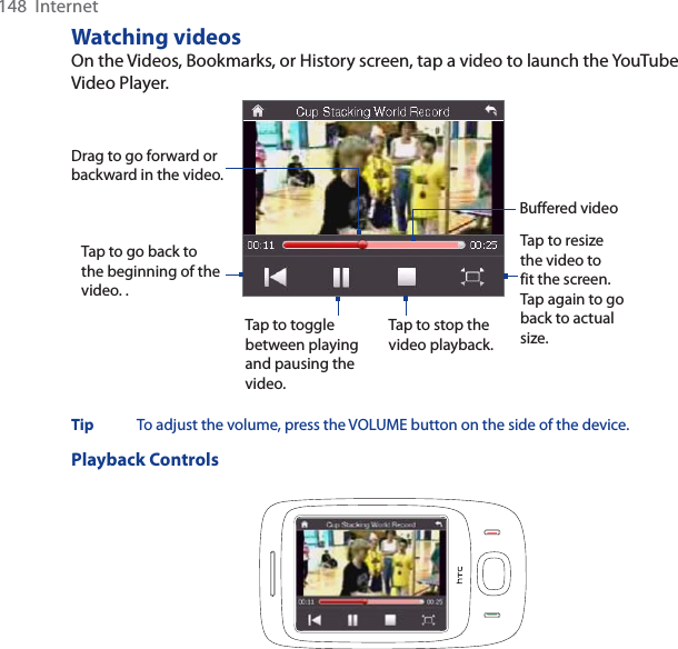 148  InternetWatching videosOn the Videos, Bookmarks, or History screen, tap a video to launch the YouTube Video Player. Tap to go back to the beginning of the video. .Tap to toggle between playing and pausing the video.Tap to stop the video playback. Tap to resize the video to fit the screen. Tap again to go back to actual size.Drag to go forward or backward in the video. Buffered videoTip To adjust the volume, press the VOLUME button on the side of the device. Playback Controls