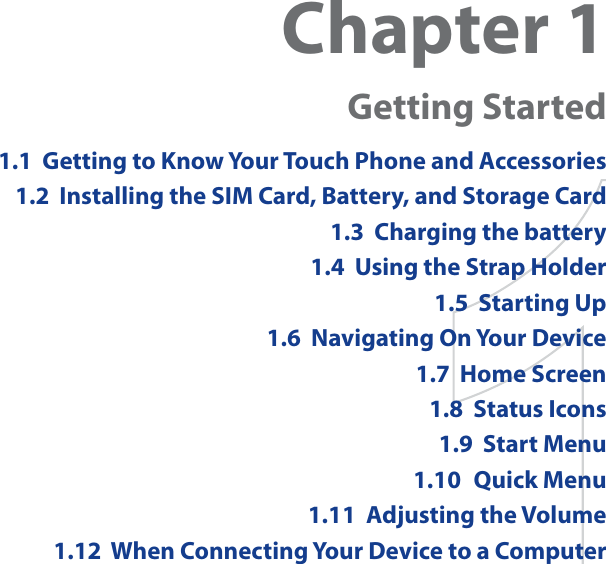 Chapter 1Getting Started1.1  Getting to Know Your Touch Phone and Accessories1.2  Installing the SIM Card, Battery, and Storage Card1.3  Charging the battery1.4  Using the Strap Holder1.5  Starting Up1.6  Navigating On Your Device1.7  Home Screen1.8  Status Icons1.9  Start Menu1.10 Quick Menu1.11  Adjusting the Volume1.12  When Connecting Your Device to a Computer