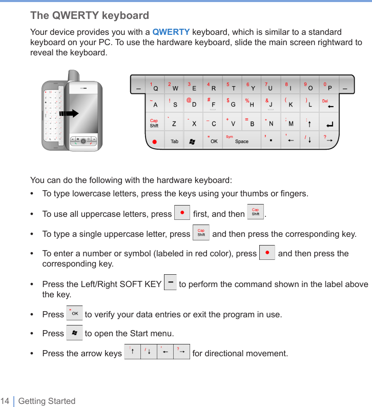 14 | Getting StartedThe QWERTY keyboardYour device provides you with a QWERTY keyboard, which is similar to a standard keyboard on your PC. To use the hardware keyboard, slide the main screen rightward to reveal the keyboard.            You can do the following with the hardware keyboard:•  To type lowercase letters, press the keys using your thumbs or ﬁngers.•  To use all uppercase letters, press   ﬁrst, and then  .•  To type a single uppercase letter, press   and then press the corresponding key.•  To enter a number or symbol (labeled in red color), press   and then press the corresponding key.•  Press the Left/Right SOFT KEY   to perform the command shown in the label above the key.•  Press   to verify your data entries or exit the program in use.•  Press   to open the Start menu.•  Press the arrow keys   for directional movement.