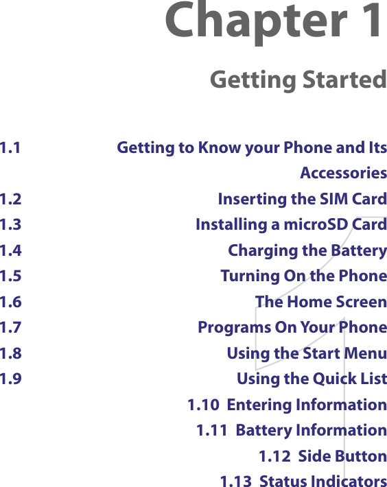 Chapter 1    Getting Started1.1  Getting to Know your Phone and Its Accessories1.2  Inserting the SIM Card1.3  Installing a microSD Card1.4  Charging the Battery1.5  Turning On the Phone1.6  The Home Screen1.7  Programs On Your Phone1.8  Using the Start Menu1.9  Using the Quick List1.10  Entering Information1.11  Battery Information1.12  Side Button1.13  Status Indicators