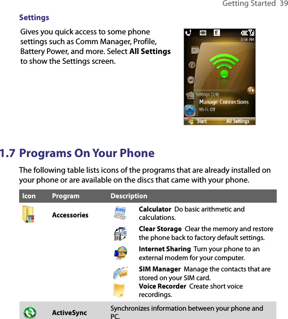 Getting Started  39SettingsGives you quick access to some phone settings such as Comm Manager, Profile, Battery Power, and more. Select All Settings to show the Settings screen. 1.7 Programs On Your PhoneThe following table lists icons of the programs that are already installed on your phone or are available on the discs that came with your phone.Icon Program Description     Accessories Calculator  Do basic arithmetic and calculations.     Clear Storage  Clear the memory and restore the phone back to factory default settings. Internet Sharing  Turn your phone to an external modem for your computer.   SIM Manager  Manage the contacts that are stored on your SIM card.Voice Recorder  Create short voice recordings.ActiveSync Synchronizes information between your phone and PC.