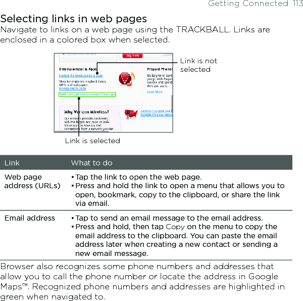 Getting Connected  113Selecting links in web pagesNavigate to links on a web page using the TRACKBALL. Links are enclosed in a colored box when selected.Link is selectedLink is not selectedLink What to doWeb page address (URLs)Tap the link to open the web page.Press and hold the link to open a menu that allows you to open, bookmark, copy to the clipboard, or share the link via email.••Email address Tap to send an email message to the email address.Press and hold, then tap Copy on the menu to copy the email address to the clipboard. You can paste the email address later when creating a new contact or sending a new email message.••Browser also recognizes some phone numbers and addresses that allow you to call the phone number or locate the address in Google Maps™. Recognized phone numbers and addresses are highlighted in green when navigated to. 