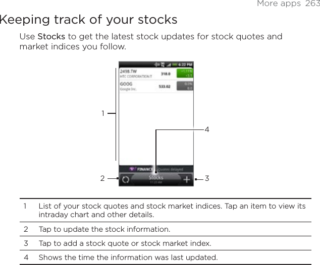 More apps  263Keeping track of your stocksUse Stocks to get the latest stock updates for stock quotes and market indices you follow. 12341 List of your stock quotes and stock market indices. Tap an item to view its intraday chart and other details.2 Tap to update the stock information.3 Tap to add a stock quote or stock market index.4 Shows the time the information was last updated.
