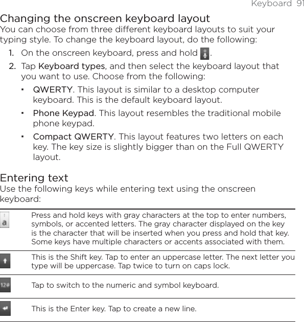 Keyboard 91Changing the onscreen keyboard layoutYou can choose from three different keyboard layouts to suit your typing style. To change the keyboard layout, do the following:On the onscreen keyboard, press and hold  .Tap Keyboard types, and then select the keyboard layout that you want to use. Choose from the following:QWERTY. This layout is similar to a desktop computer keyboard. This is the default keyboard layout.Phone Keypad. This layout resembles the traditional mobile phone keypad.Compact QWERTY. This layout features two letters on each key. The key size is slightly bigger than on the Full QWERTY layout.Entering textUse the following keys while entering text using the onscreen keyboard:Press and hold keys with gray characters at the top to enter numbers, symbols, or accented letters. The gray character displayed on the key is the character that will be inserted when you press and hold that key. Some keys have multiple characters or accents associated with them.This is the Shift key. Tap to enter an uppercase letter. The next letter you type will be uppercase. Tap twice to turn on caps lock.Tap to switch to the numeric and symbol keyboard.This is the Enter key. Tap to create a new line.1.2.