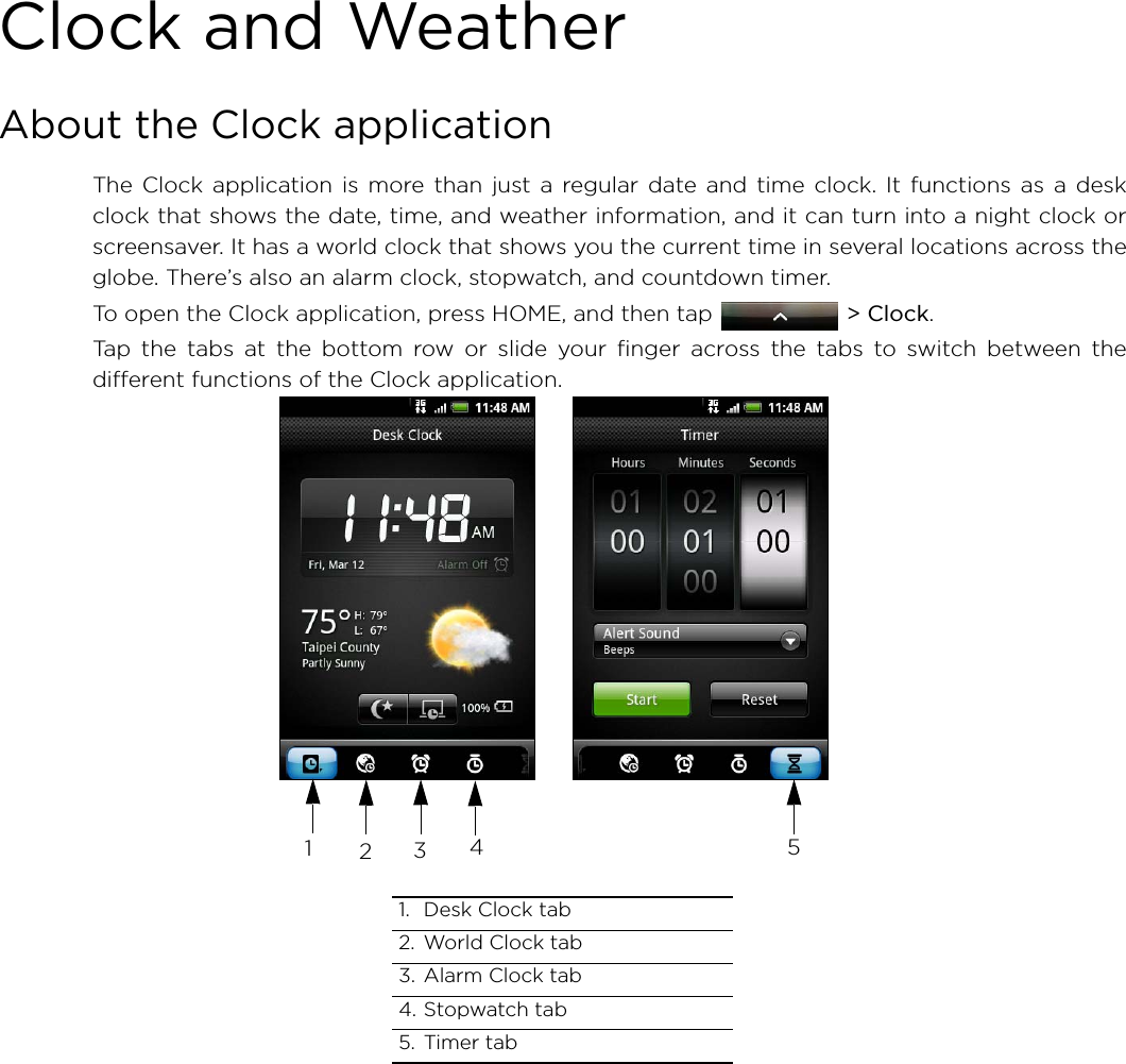 Clock and WeatherAbout the Clock applicationThe Clock application is more than just a regular date and time clock. It functions as a deskclock that shows the date, time, and weather information, and it can turn into a night clock orscreensaver. It has a world clock that shows you the current time in several locations across theglobe. There’s also an alarm clock, stopwatch, and countdown timer.To open the Clock application, press HOME, and then tap   &gt; Clock.Tap the tabs at the bottom row or slide your finger across the tabs to switch between thedifferent functions of the Clock application.  1. Desk Clock tab2. World Clock tab3. Alarm Clock tab4. Stopwatch tab5. Timer tab12345