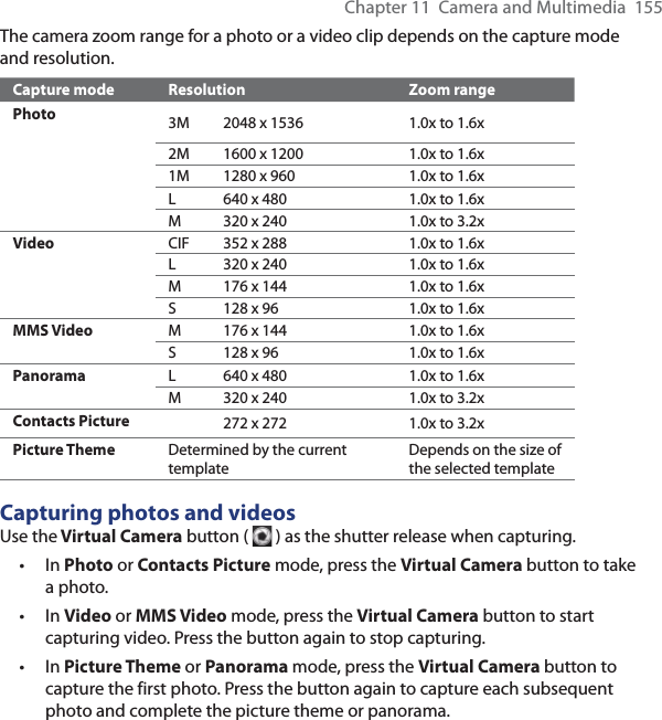 Chapter 11  Camera and Multimedia  155The camera zoom range for a photo or a video clip depends on the capture mode and resolution.Capture mode Resolution Zoom rangePhoto 3M 2048 x 1536 1.0x to 1.6x2M 1600 x 1200 1.0x to 1.6x1M 1280 x 960 1.0x to 1.6xL 640 x 480 1.0x to 1.6xM 320 x 240 1.0x to 3.2xVideo CIF 352 x 288 1.0x to 1.6xL 320 x 240 1.0x to 1.6xM 176 x 144 1.0x to 1.6xS 128 x 96 1.0x to 1.6xMMS Video M 176 x 144 1.0x to 1.6xS 128 x 96 1.0x to 1.6xPanorama L 640 x 480 1.0x to 1.6xM 320 x 240 1.0x to 3.2xContacts Picture 272 x 272 1.0x to 3.2xPicture Theme Determined by the current templateDepends on the size of the selected templateCapturing photos and videosUse the Virtual Camera button (   ) as the shutter release when capturing.In Photo or Contacts Picture mode, press the Virtual Camera button to take a photo.In Video or MMS Video mode, press the Virtual Camera button to start capturing video. Press the button again to stop capturing.In Picture Theme or Panorama mode, press the Virtual Camera button to capture the first photo. Press the button again to capture each subsequent photo and complete the picture theme or panorama.•••