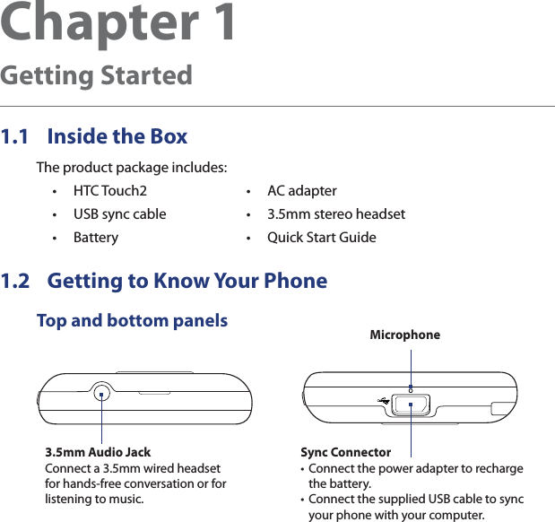 Chapter 1   Getting Started1.1  Inside the BoxThe product package includes:HTC Touch2USB sync cableBattery•••AC adapter3.5mm stereo headsetQuick Start Guide•••1.2  Getting to Know Your PhoneTop and bottom panels3.5mm Audio JackConnect a 3.5mm wired headset for hands-free conversation or for listening to music.Sync ConnectorConnect the power adapter to recharge the battery. Connect the supplied USB cable to sync your phone with your computer.••Microphone