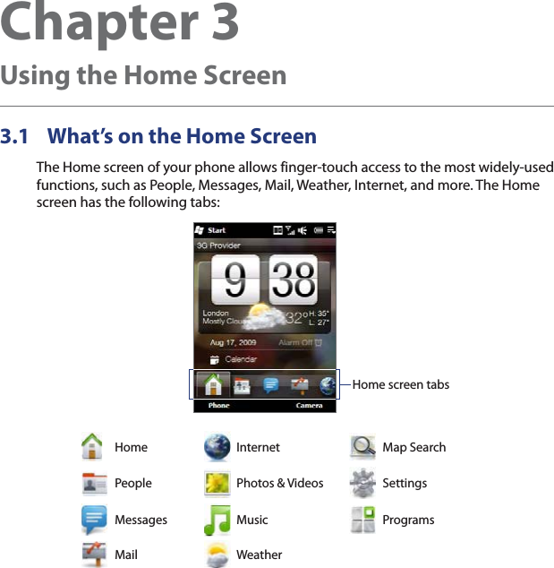 Chapter 3   Using the Home Screen3.1  What’s on the Home ScreenThe Home screen of your phone allows finger-touch access to the most widely-used functions, such as People, Messages, Mail, Weather, Internet, and more. The Home screen has the following tabs:                       Home screen tabsHome Internet Map SearchPeople Photos &amp; Videos SettingsMessages Music ProgramsMail Weather