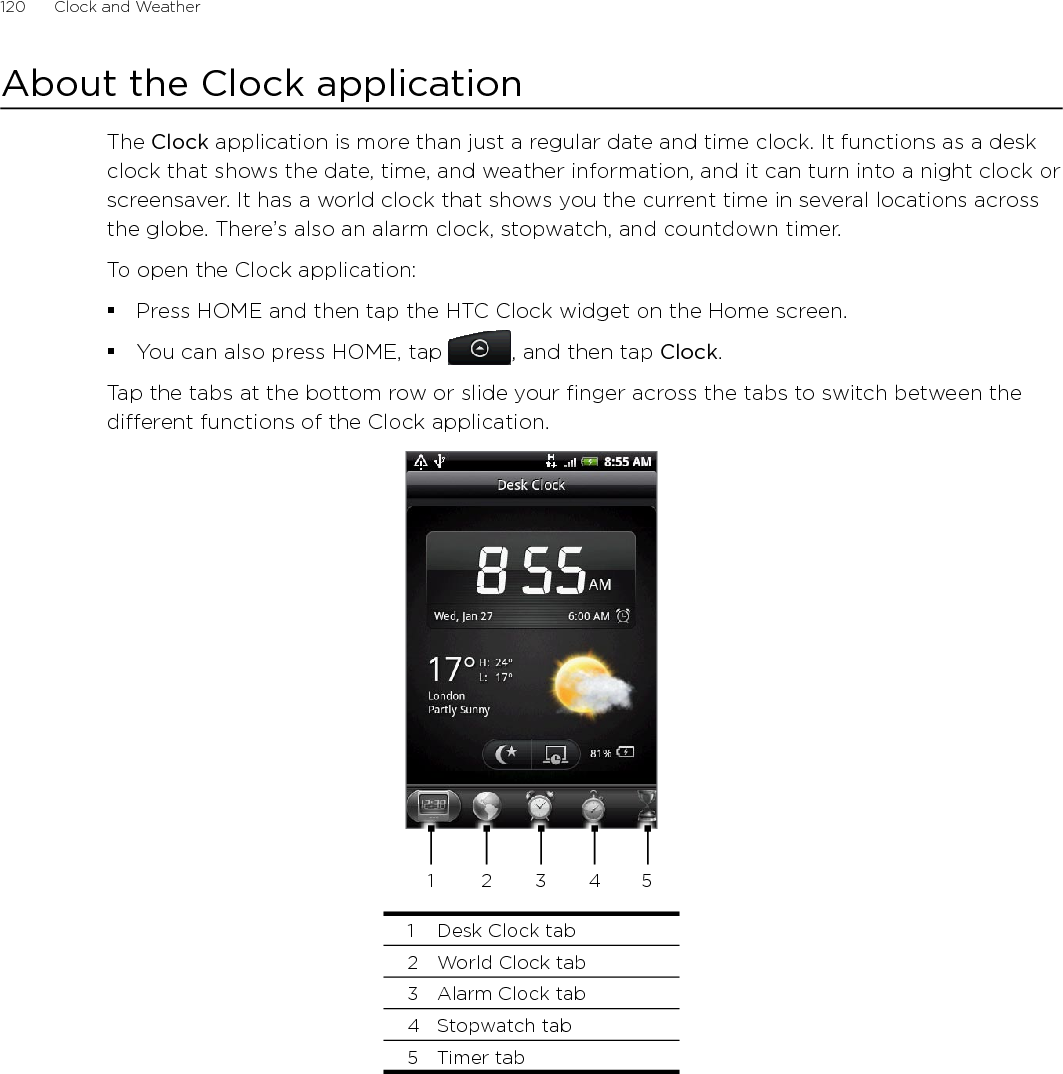 120      Clock and Weather      About the Clock applicationThe Clock application is more than just a regular date and time clock. It functions as a desk clock that shows the date, time, and weather information, and it can turn into a night clock or screensaver. It has a world clock that shows you the current time in several locations across the globe. There’s also an alarm clock, stopwatch, and countdown timer.To open the Clock application:Press HOME and then tap the HTC Clock widget on the Home screen.You can also press HOME, tap , and then tap Clock.Tap the tabs at the bottom row or slide your finger across the tabs to switch between the different functions of the Clock application.2 3 4511  Desk Clock tab2  World Clock tab3  Alarm Clock tab4  Stopwatch tab5  Timer tab