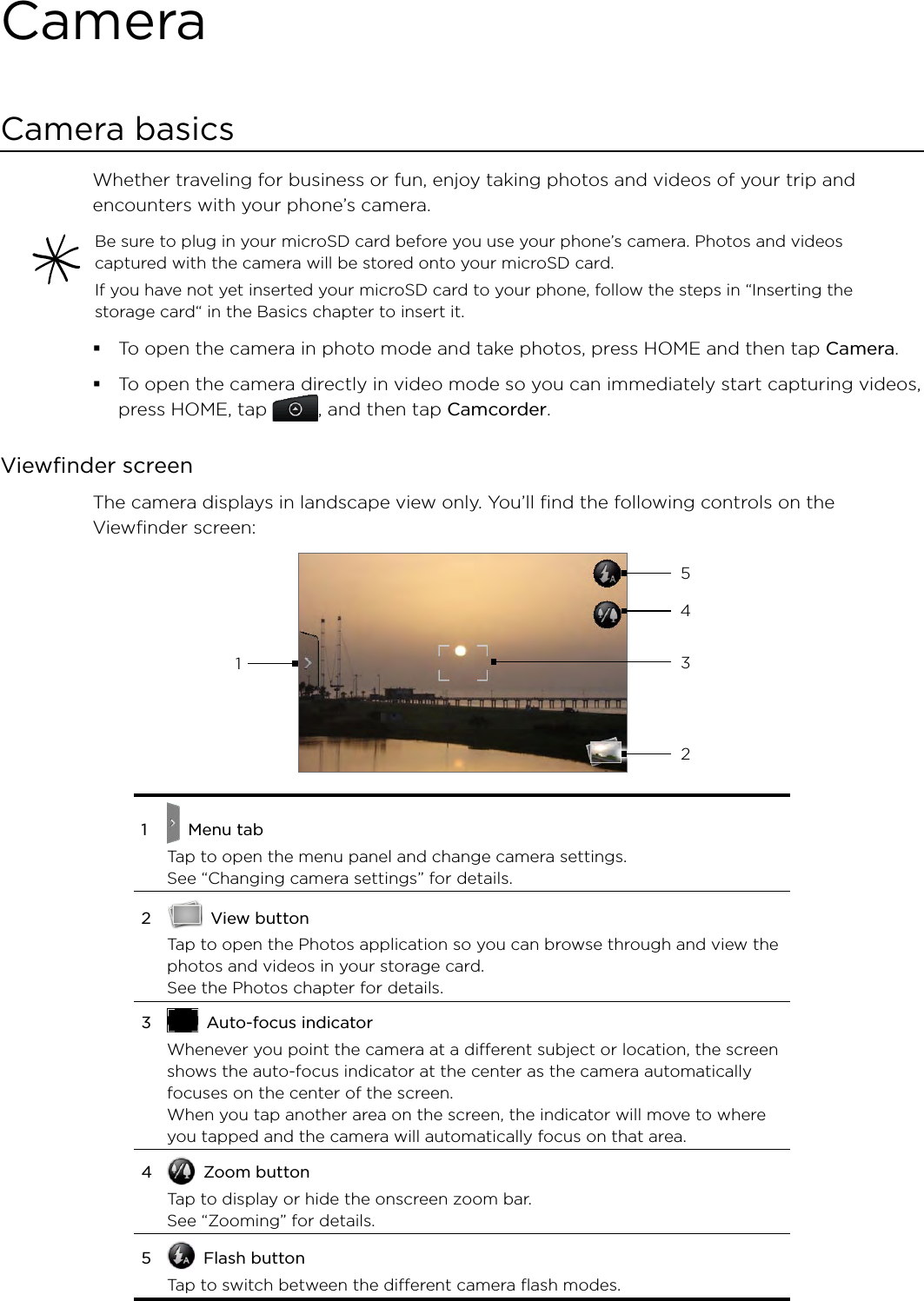 CameraCamera basicsWhether traveling for business or fun, enjoy taking photos and videos of your trip and encounters with your phone’s camera.Be sure to plug in your microSD card before you use your phone’s camera. Photos and videos captured with the camera will be stored onto your microSD card.If you have not yet inserted your microSD card to your phone, follow the steps in “Inserting the storage card“ in the Basics chapter to insert it.To open the camera in photo mode and take photos, press HOME and then tap Camera.To open the camera directly in video mode so you can immediately start capturing videos, press HOME, tap  , and then tap Camcorder.Viewfinder screenThe camera displays in landscape view only. You’ll find the following controls on the Viewfinder screen:143251    Menu tabTap to open the menu panel and change camera settings. See “Changing camera settings” for details. 2   View buttonTap to open the Photos application so you can browse through and view the photos and videos in your storage card. See the Photos chapter for details.3   Auto-focus indicatorWhenever you point the camera at a different subject or location, the screen shows the auto-focus indicator at the center as the camera automatically focuses on the center of the screen.When you tap another area on the screen, the indicator will move to where you tapped and the camera will automatically focus on that area.4   Zoom buttonTap to display or hide the onscreen zoom bar. See “Zooming” for details.5   Flash buttonTap to switch between the different camera flash modes.