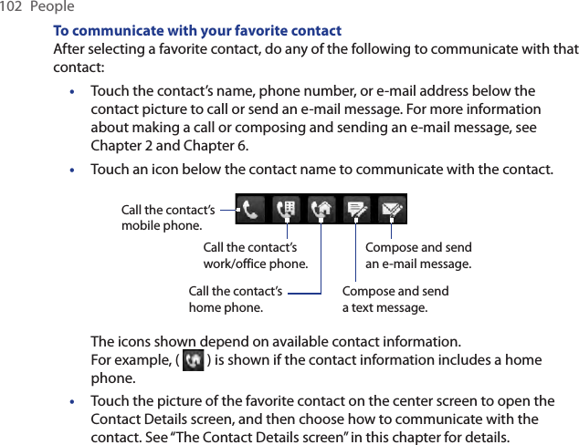 102  PeopleTo communicate with your favorite contactAfter selecting a favorite contact, do any of the following to communicate with that contact:Touch the contact’s name, phone number, or e-mail address below the contact picture to call or send an e-mail message. For more information about making a call or composing and sending an e-mail message, see Chapter 2 and Chapter 6.Touch an icon below the contact name to communicate with the contact.Call the contact’s mobile phone.Compose and send a text message.Compose and send an e-mail message.Call the contact’s work/office phone.Call the contact’s home phone.The icons shown depend on available contact information. For example, (   ) is shown if the contact information includes a home phone.Touch the picture of the favorite contact on the center screen to open the Contact Details screen, and then choose how to communicate with the contact. See “The Contact Details screen” in this chapter for details. •••
