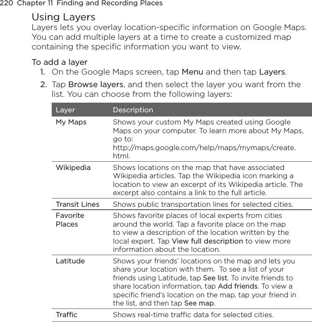 220  Chapter 11  Finding and Recording PlacesUsing LayersLayers lets you overlay location-specific information on Google Maps. You can add multiple layers at a time to create a customized map containing the specific information you want to view.To add a layer1.  On the Google Maps screen, tap Menu and then tap Layers.2.  Tap Browse layers, and then select the layer you want from the list. You can choose from the following layers:Layer DescriptionMy Maps Shows your custom My Maps created using Google Maps on your computer. To learn more about My Maps, go to: http://maps.google.com/help/maps/mymaps/create.html.Wikipedia Shows locations on the map that have associated Wikipedia articles. Tap the Wikipedia icon marking a location to view an excerpt of its Wikipedia article. The excerpt also contains a link to the full article.Transit Lines Shows public transportation lines for selected cities. Favorite PlacesShows favorite places of local experts from cities around the world. Tap a favorite place on the map to view a description of the location written by the local expert. Tap View full description to view more information about the location.LatitudeShows your friends’ locations on the map and lets you share your location with them.  To see a list of your friends using Latitude, tap See list. To invite friends to share location information, tap Add friends. To view a specific friend’s location on the map, tap your friend in the list, and then tap See map. Traffic Shows real-time traffic data for selected cities.