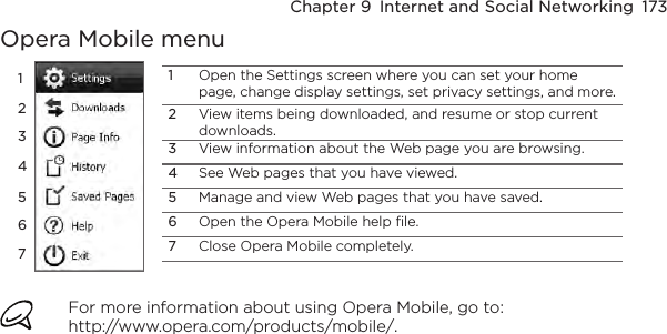 Chapter 9  Internet and Social Networking  173Opera Mobile menu12345671Open the Settings screen where you can set your home page, change display settings, set privacy settings, and more.2View items being downloaded, and resume or stop current downloads.3View information about the Web page you are browsing.4See Web pages that you have viewed.5Manage and view Web pages that you have saved.6Open the Opera Mobile help file.7Close Opera Mobile completely.For more information about using Opera Mobile, go to:  http://www.opera.com/products/mobile/.
