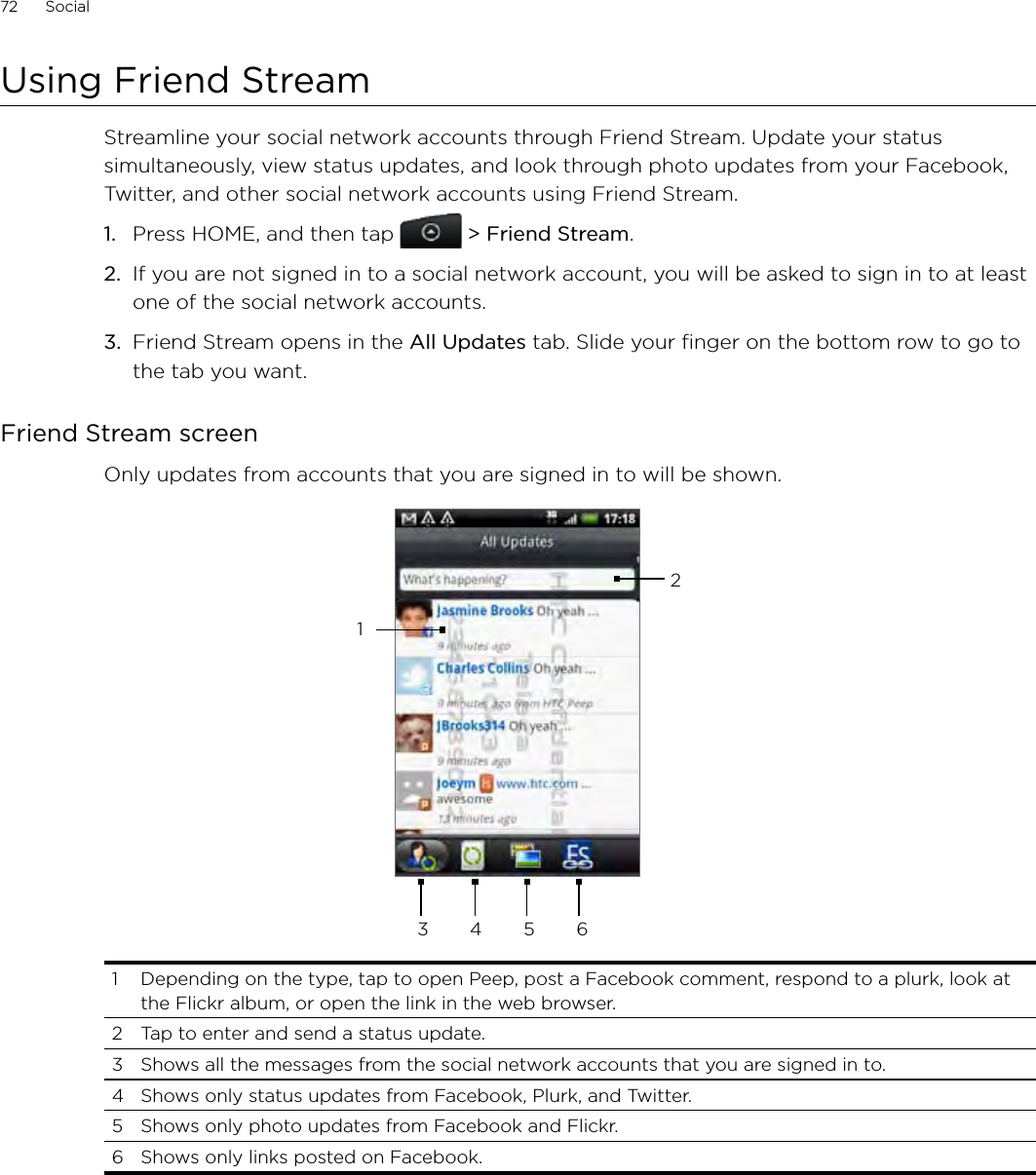 72      Social      Using Friend StreamStreamline your social network accounts through Friend Stream. Update your status simultaneously, view status updates, and look through photo updates from your Facebook, Twitter, and other social network accounts using Friend Stream. Press HOME, and then tap  &gt; Friend Stream.If you are not signed in to a social network account, you will be asked to sign in to at least one of the social network accounts.3.  Friend Stream opens in the All Updates tab. Slide your finger on the bottom row to go to the tab you want.Friend Stream screenOnly updates from accounts that you are signed in to will be shown.  23 4 5 611  Depending on the type, tap to open Peep, post a Facebook comment, respond to a plurk, look at the Flickr album, or open the link in the web browser. 2  Tap to enter and send a status update. 3  Shows all the messages from the social network accounts that you are signed in to.   4  Shows only status updates from Facebook, Plurk, and Twitter. 5  Shows only photo updates from Facebook and Flickr. 6  Shows only links posted on Facebook. 1.2.