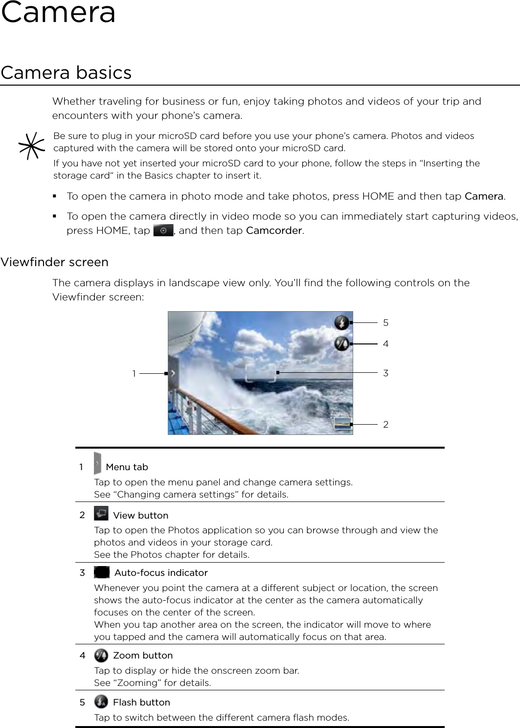 CameraCamera basicsWhether traveling for business or fun, enjoy taking photos and videos of your trip and encounters with your phone’s camera.Be sure to plug in your microSD card before you use your phone’s camera. Photos and videos captured with the camera will be stored onto your microSD card.If you have not yet inserted your microSD card to your phone, follow the steps in “Inserting the storage card“ in the Basics chapter to insert it.To open the camera in photo mode and take photos, press HOME and then tap Camera.To open the camera directly in video mode so you can immediately start capturing videos, press HOME, tap  , and then tap Camcorder.Viewfinder screenThe camera displays in landscape view only. You’ll find the following controls on the Viewfinder screen:143251    Menu tabTap to open the menu panel and change camera settings. See “Changing camera settings” for details. 2   View buttonTap to open the Photos application so you can browse through and view the photos and videos in your storage card. See the Photos chapter for details.3   Auto-focus indicatorWhenever you point the camera at a different subject or location, the screen shows the auto-focus indicator at the center as the camera automatically focuses on the center of the screen.When you tap another area on the screen, the indicator will move to where you tapped and the camera will automatically focus on that area.4   Zoom buttonTap to display or hide the onscreen zoom bar. See “Zooming” for details.5   Flash buttonTap to switch between the different camera flash modes.