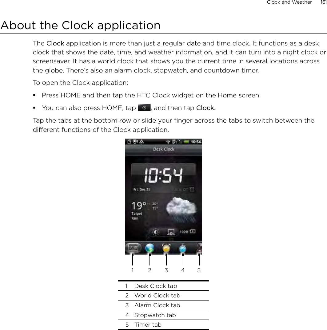 Clock and Weather      161About the Clock applicationThe Clock application is more than just a regular date and time clock. It functions as a desk clock that shows the date, time, and weather information, and it can turn into a night clock or screensaver. It has a world clock that shows you the current time in several locations across the globe. There’s also an alarm clock, stopwatch, and countdown timer.To open the Clock application:Press HOME and then tap the HTC Clock widget on the Home screen.You can also press HOME, tap , and then tap Clock.Tap the tabs at the bottom row or slide your finger across the tabs to switch between the different functions of the Clock application.2 3 4 511  Desk Clock tab2  World Clock tab3  Alarm Clock tab4  Stopwatch tab5  Timer tab