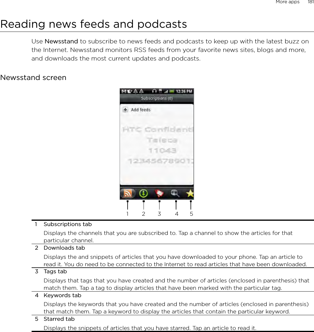 More apps      181Reading news feeds and podcastsUse Newsstand to subscribe to news feeds and podcasts to keep up with the latest buzz on the Internet. Newsstand monitors RSS feeds from your favorite news sites, blogs and more, and downloads the most current updates and podcasts.Newsstand screen1 2 3 4 51  Subscriptions tabDisplays the channels that you are subscribed to. Tap a channel to show the articles for that particular channel.2  Downloads tabDisplays the and snippets of articles that you have downloaded to your phone. Tap an article to read it. You do need to be connected to the Internet to read articles that have been downloaded. 3  Tags tabDisplays that tags that you have created and the number of articles (enclosed in parenthesis) that match them. Tap a tag to display articles that have been marked with the particular tag.4  Keywords tabDisplays the keywords that you have created and the number of articles (enclosed in parenthesis) that match them. Tap a keyword to display the articles that contain the particular keyword.5  Starred tabDisplays the snippets of articles that you have starred. Tap an article to read it. 