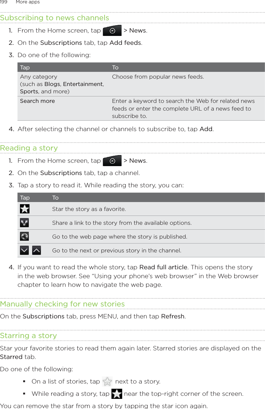 199      More apps      Subscribing to news channelsFrom the Home screen, tap  &gt; News.On the Subscriptions tab, tap Add feeds.Do one of the following:Ta p ToAny category (such as Blogs, Entertainment, Sports, and more)Choose from popular news feeds.Search more Enter a keyword to search the Web for related news feeds or enter the complete URL of a news feed to subscribe to.4.  After selecting the channel or channels to subscribe to, tap Add.Reading a storyFrom the Home screen, tap  &gt; News.On the Subscriptions tab, tap a channel.Tap a story to read it. While reading the story, you can:Ta p ToStar the story as a favorite.Share a link to the story from the available options.Go to the web page where the story is published.   Go to the next or previous story in the channel.4.  If you want to read the whole story, tap Read full article. This opens the story in the web browser. See “Using your phone’s web browser” in the Web browser chapter to learn how to navigate the web page.Manually checking for new storiesOn the Subscriptions tab, press MENU, and then tap Refresh.Starring a storyStar your favorite stories to read them again later. Starred stories are displayed on the Starred tab.Do one of the following:On a list of stories, tap    next to a story.While reading a story, tap   near the top-right corner of the screen.You can remove the star from a story by tapping the star icon again.1.2.3.1.2.3.