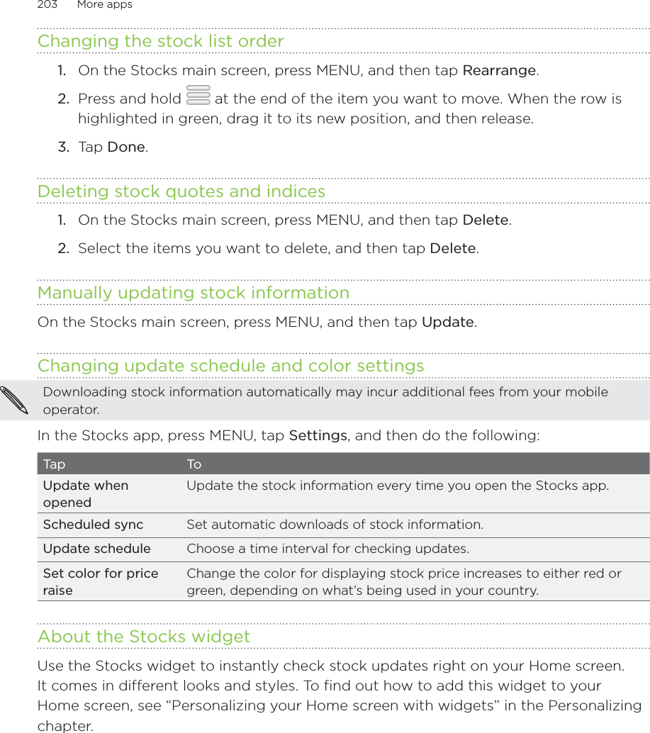 203      More apps      Changing the stock list order On the Stocks main screen, press MENU, and then tap Rearrange.Press and hold   at the end of the item you want to move. When the row is highlighted in green, drag it to its new position, and then release.Tap Done.Deleting stock quotes and indicesOn the Stocks main screen, press MENU, and then tap Delete.Select the items you want to delete, and then tap Delete.Manually updating stock informationOn the Stocks main screen, press MENU, and then tap Update.Changing update schedule and color settingsDownloading stock information automatically may incur additional fees from your mobile operator.In the Stocks app, press MENU, tap Settings, and then do the following:Ta p ToUpdate when openedUpdate the stock information every time you open the Stocks app.Scheduled sync Set automatic downloads of stock information.Update schedule Choose a time interval for checking updates.Set color for price raiseChange the color for displaying stock price increases to either red or green, depending on what’s being used in your country.About the Stocks widgetUse the Stocks widget to instantly check stock updates right on your Home screen. It comes in different looks and styles. To find out how to add this widget to your Home screen, see “Personalizing your Home screen with widgets” in the Personalizing chapter.1.2.3.1.2.