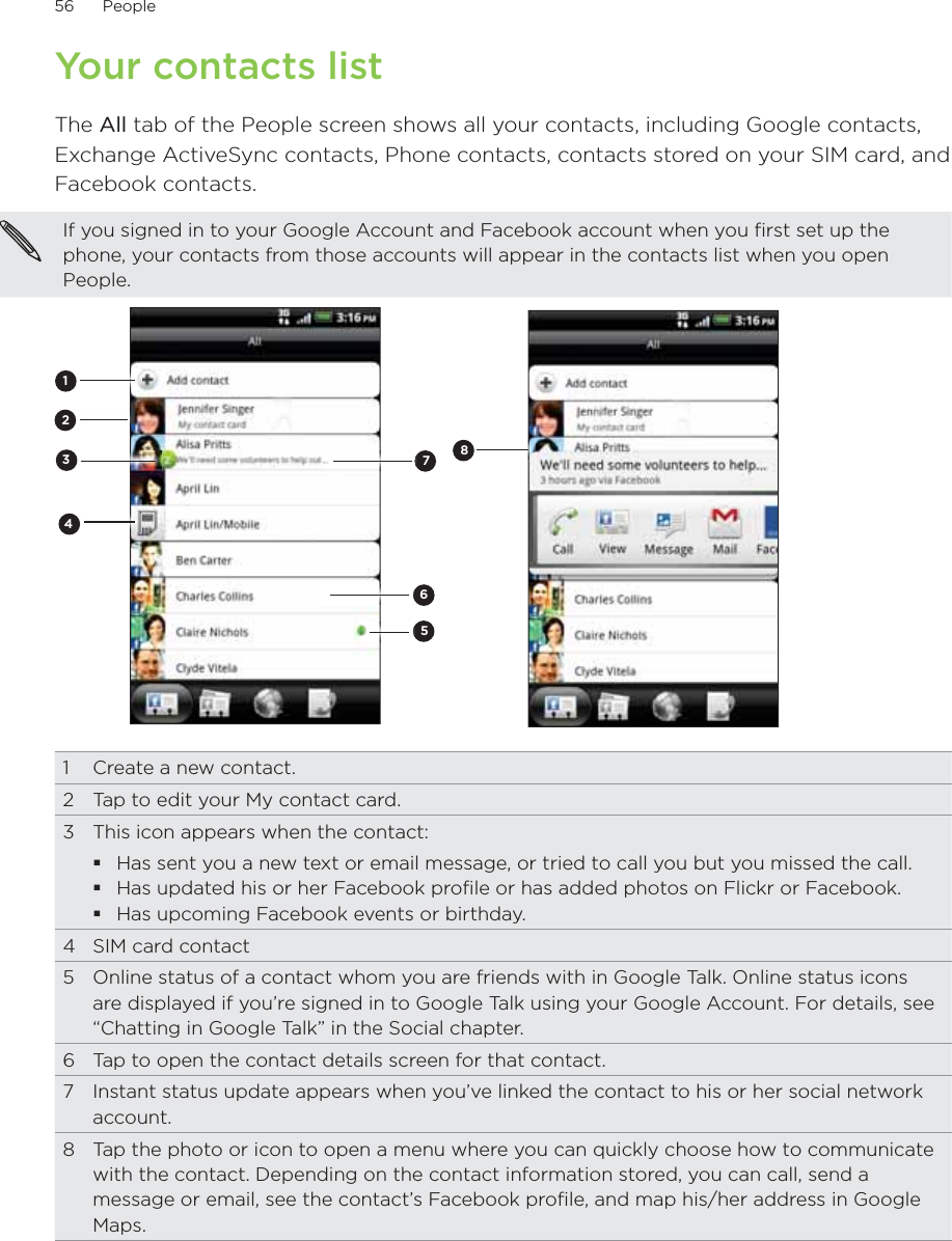 56      People      Your contacts listThe All tab of the People screen shows all your contacts, including Google contacts, Exchange ActiveSync contacts, Phone contacts, contacts stored on your SIM card, and Facebook contacts.If you signed in to your Google Account and Facebook account when you first set up the phone, your contacts from those accounts will appear in the contacts list when you open People.723456181  Create a new contact.2  Tap to edit your My contact card.3  This icon appears when the contact:Has sent you a new text or email message, or tried to call you but you missed the call.Has updated his or her Facebook profile or has added photos on Flickr or Facebook.Has upcoming Facebook events or birthday. 4  SIM card contact5  Online status of a contact whom you are friends with in Google Talk. Online status icons are displayed if you’re signed in to Google Talk using your Google Account. For details, see “Chatting in Google Talk” in the Social chapter.6  Tap to open the contact details screen for that contact.7  Instant status update appears when you’ve linked the contact to his or her social network account.8  Tap the photo or icon to open a menu where you can quickly choose how to communicate with the contact. Depending on the contact information stored, you can call, send a message or email, see the contact’s Facebook profile, and map his/her address in Google Maps. 