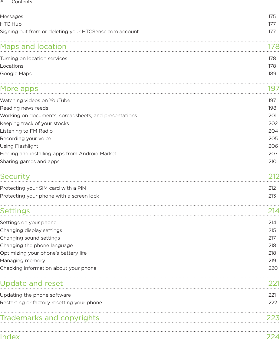 6      Contents      Messages  175HTC Hub  177Signing out from or deleting your HTCSense.com account  177Maps and location  178Turning on location services  178Locations  178Google Maps  189More apps  197Watching videos on YouTube  197Reading news feeds  198Working on documents, spreadsheets, and presentations  201Keeping track of your stocks  202Listening to FM Radio  204Recording your voice  205Using Flashlight  206Finding and installing apps from Android Market  207Sharing games and apps  210Security  212Protecting your SIM card with a PIN  212Protecting your phone with a screen lock  213Settings  214Settings on your phone  214Changing display settings  215Changing sound settings  217Changing the phone language  218Optimizing your phone’s battery life  218Managing memory  219Checking information about your phone  220Update and reset  221Updating the phone software  221Restarting or factory resetting your phone  222Trademarks and copyrights  223Index  224