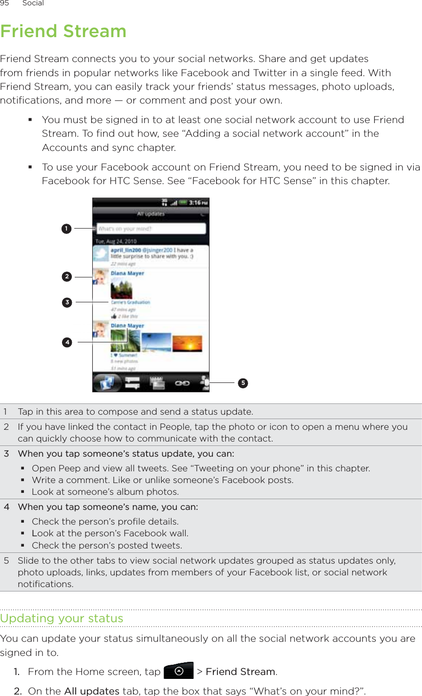 95      Social      Friend StreamFriend Stream connects you to your social networks. Share and get updates from friends in popular networks like Facebook and Twitter in a single feed. With Friend Stream, you can easily track your friends’ status messages, photo uploads, notifications, and more — or comment and post your own.You must be signed in to at least one social network account to use Friend Stream. To find out how, see “Adding a social network account” in the Accounts and sync chapter.To use your Facebook account on Friend Stream, you need to be signed in via Facebook for HTC Sense. See “Facebook for HTC Sense” in this chapter.214351  Tap in this area to compose and send a status update.2  If you have linked the contact in People, tap the photo or icon to open a menu where you can quickly choose how to communicate with the contact.3  When you tap someone’s status update, you can:Open Peep and view all tweets. See “Tweeting on your phone” in this chapter.Write a comment. Like or unlike someone’s Facebook posts.Look at someone’s album photos.4  When you tap someone’s name, you can:Check the person’s profile details.Look at the person’s Facebook wall.Check the person’s posted tweets.5  Slide to the other tabs to view social network updates grouped as status updates only, photo uploads, links, updates from members of your Facebook list, or social network notifications.Updating your statusYou can update your status simultaneously on all the social network accounts you are signed in to.From the Home screen, tap   &gt; Friend Stream. On the All updates tab, tap the box that says “What’s on your mind?”.1.2.