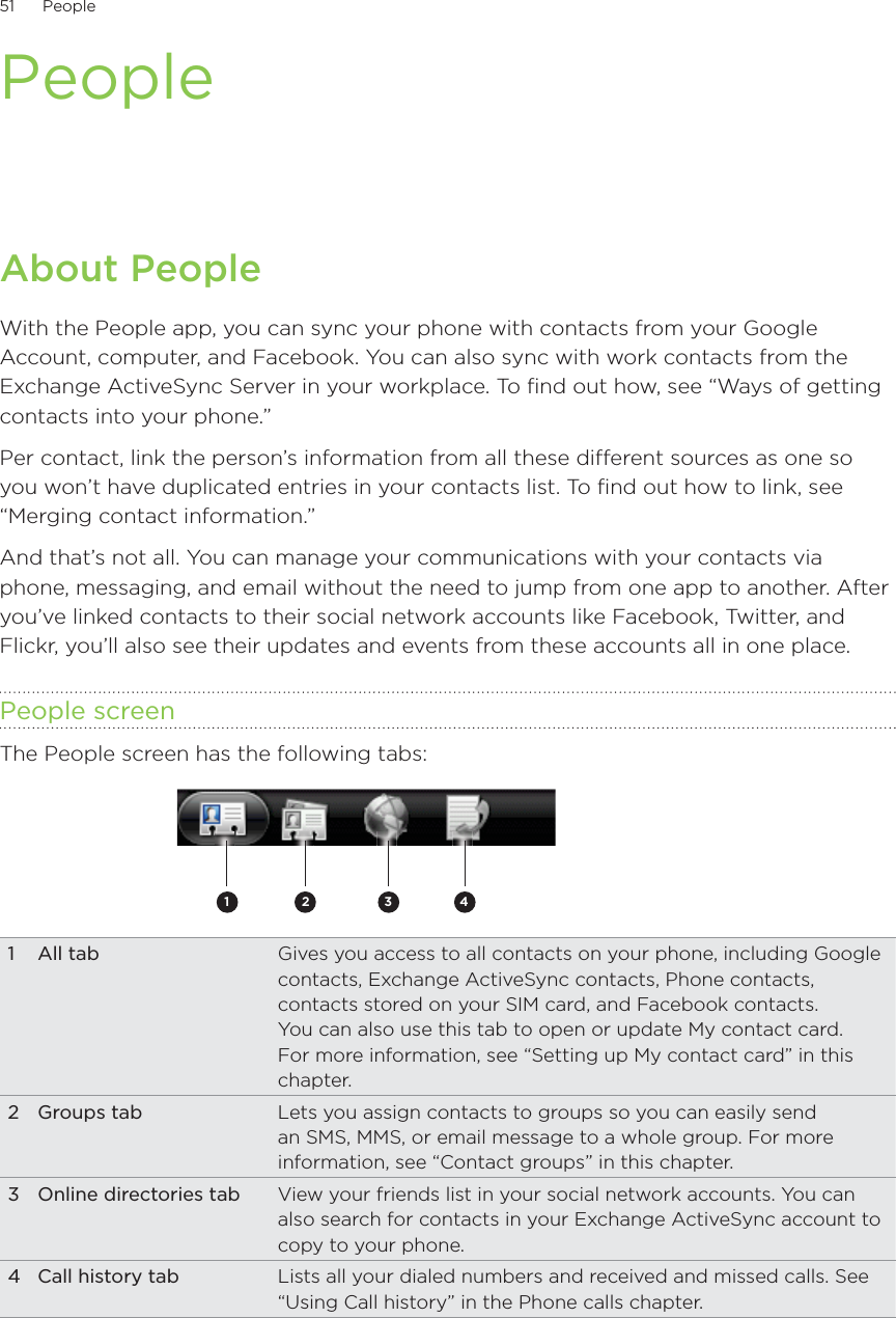 51      People      PeopleAbout PeopleWith the People app, you can sync your phone with contacts from your Google Account, computer, and Facebook. You can also sync with work contacts from the Exchange ActiveSync Server in your workplace. To find out how, see “Ways of getting contacts into your phone.”Per contact, link the person’s information from all these different sources as one so you won’t have duplicated entries in your contacts list. To find out how to link, see “Merging contact information.”And that’s not all. You can manage your communications with your contacts via phone, messaging, and email without the need to jump from one app to another. After you’ve linked contacts to their social network accounts like Facebook, Twitter, and Flickr, you’ll also see their updates and events from these accounts all in one place.People screenThe People screen has the following tabs:2 3 411 All tab Gives you access to all contacts on your phone, including Google contacts, Exchange ActiveSync contacts, Phone contacts, contacts stored on your SIM card, and Facebook contacts. You can also use this tab to open or update My contact card. For more information, see “Setting up My contact card” in this chapter.2 Groups tab Lets you assign contacts to groups so you can easily send an SMS, MMS, or email message to a whole group. For more information, see “Contact groups” in this chapter.3  Online directories tab View your friends list in your social network accounts. You can also search for contacts in your Exchange ActiveSync account to copy to your phone.4  Call history tab Lists all your dialed numbers and received and missed calls. See “Using Call history” in the Phone calls chapter.