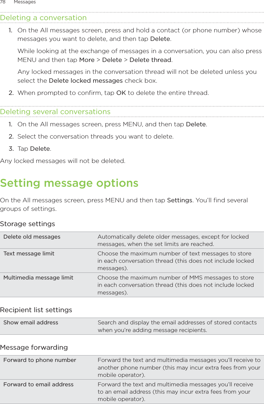 78      Messages      Deleting a conversationOn the All messages screen, press and hold a contact (or phone number) whose messages you want to delete, and then tap Delete.While looking at the exchange of messages in a conversation, you can also press MENU and then tap More &gt; Delete &gt; Delete thread.Any locked messages in the conversation thread will not be deleted unless you select the Delete locked messages check box.2.  When prompted to confirm, tap OK to delete the entire thread.Deleting several conversationsOn the All messages screen, press MENU, and then tap Delete. Select the conversation threads you want to delete. Tap Delete. Any locked messages will not be deleted.Setting message optionsOn the All messages screen, press MENU and then tap Settings. You’ll find several groups of settings.Storage settingsDelete old messages Automatically delete older messages, except for locked messages, when the set limits are reached.Text message limit Choose the maximum number of text messages to store in each conversation thread (this does not include locked messages). Multimedia message limit Choose the maximum number of MMS messages to store in each conversation thread (this does not include locked messages).Recipient list settingsShow email address Search and display the email addresses of stored contacts when you’re adding message recipients.Message forwardingForward to phone number Forward the text and multimedia messages you’ll receive to another phone number (this may incur extra fees from your mobile operator).Forward to email address Forward the text and multimedia messages you’ll receive to an email address (this may incur extra fees from your mobile operator).1.1.2.3.
