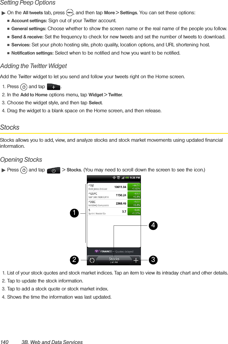 140 3B. Web and Data ServicesSetting Peep OptionsᮣOn the All tweets tab, press  , and then tap More &gt; Settings. You can set these options:ⅢAccount settings: Sign out of your Twitter account.ⅢGeneral settings: Choose whether to show the screen name or the real name of the people you follow.ⅢSend &amp; receive: Set the frequency to check for new tweets and set the number of tweets to download.ⅢServices: Set your photo hosting site, photo quality, location options, and URL shortening host.ⅢNotification settings: Select when to be notified and how you want to be notified.Adding the Twitter WidgetAdd the Twitter widget to let you send and follow your tweets right on the Home screen.1. Press  and tap  .2. In the Add to Home options menu, tap Widget &gt; Twitter.3. Choose the widget style, and then tap Select.4. Drag the widget to a blank space on the Home screen, and then release.StocksStocks allows you to add, view, and analyze stocks and stock market movements using updated financial information.Opening StocksᮣPress  and tap   &gt; Stocks. (You may need to scroll down the screen to see the icon.)1. List of your stock quotes and stock market indices. Tap an item to view its intraday chart and other details.2. Tap to update the stock information.3. Tap to add a stock quote or stock market index.4. Shows the time the information was last updated.12 34