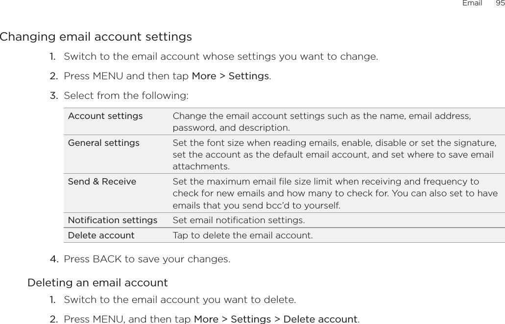 Email      95Changing email account settingsSwitch to the email account whose settings you want to change.Press MENU and then tap More &gt; Settings. Select from the following:Account settings Change the email account settings such as the name, email address, password, and description.General settings Set the font size when reading emails, enable, disable or set the signature, set the account as the default email account, and set where to save email attachments. Send &amp; Receive Set the maximum email file size limit when receiving and frequency to check for new emails and how many to check for. You can also set to have emails that you send bcc’d to yourself. Notification settings Set email notification settings. Delete account Tap to delete the email account.4.  Press BACK to save your changes.Deleting an email accountSwitch to the email account you want to delete.Press MENU, and then tap More &gt; Settings &gt; Delete account. 1.2.3.1.2.