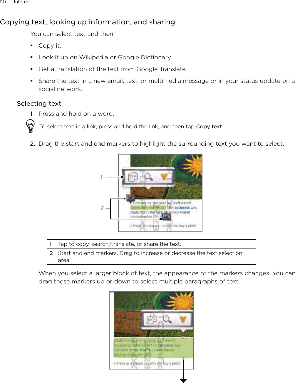 110      Internet      Copying text, looking up information, and sharingYou can select text and then:Copy it.Look it up on Wikipedia or Google Dictionary. Get a translation of the text from Google Translate.Share the text in a new email, text, or multimedia message or in your status update on a social network.Selecting text1.  Press and hold on a word.To select text in a link, press and hold the link, and then tap Copy text.2.  Drag the start and end markers to highlight the surrounding text you want to select.121  Tap to copy, search/translate, or share the text. 2 Start and end markers. Drag to increase or decrease the text selection area.When you select a larger block of text, the appearance of the markers changes. You can drag these markers up or down to select multiple paragraphs of text. 