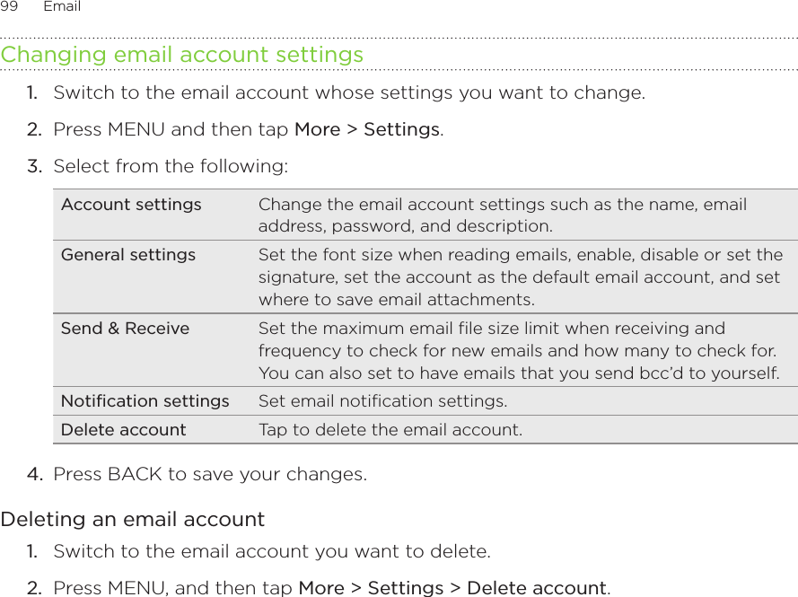 99      Email      Changing email account settingsSwitch to the email account whose settings you want to change.Press MENU and then tap More &gt; Settings. Select from the following:Account settings Change the email account settings such as the name, email address, password, and description.General settings Set the font size when reading emails, enable, disable or set the signature, set the account as the default email account, and set where to save email attachments. Send &amp; Receive Set the maximum email file size limit when receiving and frequency to check for new emails and how many to check for. You can also set to have emails that you send bcc’d to yourself. Notification settings Set email notification settings. Delete account Tap to delete the email account.4.  Press BACK to save your changes.Deleting an email accountSwitch to the email account you want to delete.Press MENU, and then tap More &gt; Settings &gt; Delete account. 1.2.3.1.2.