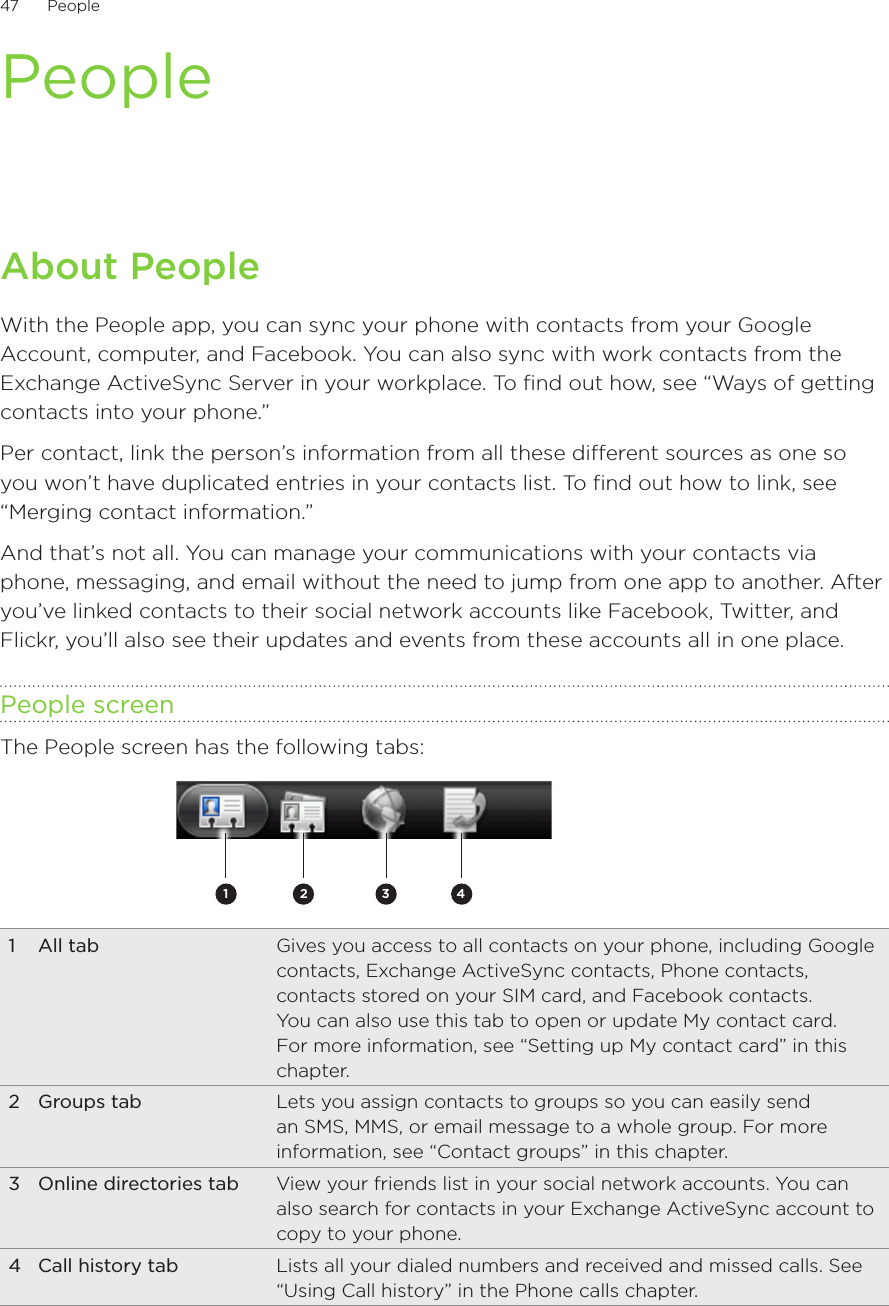 47      People      PeopleAbout PeopleWith the People app, you can sync your phone with contacts from your Google Account, computer, and Facebook. You can also sync with work contacts from the Exchange ActiveSync Server in your workplace. To find out how, see “Ways of getting contacts into your phone.”Per contact, link the person’s information from all these different sources as one so you won’t have duplicated entries in your contacts list. To find out how to link, see “Merging contact information.”And that’s not all. You can manage your communications with your contacts via phone, messaging, and email without the need to jump from one app to another. After you’ve linked contacts to their social network accounts like Facebook, Twitter, and Flickr, you’ll also see their updates and events from these accounts all in one place.People screenThe People screen has the following tabs: 2 3 411  All tab Gives you access to all contacts on your phone, including Google contacts, Exchange ActiveSync contacts, Phone contacts, contacts stored on your SIM card, and Facebook contacts. You can also use this tab to open or update My contact card. For more information, see “Setting up My contact card” in this chapter.2  Groups tab Lets you assign contacts to groups so you can easily send an SMS, MMS, or email message to a whole group. For more information, see “Contact groups” in this chapter.3  Online directories tab View your friends list in your social network accounts. You can also search for contacts in your Exchange ActiveSync account to copy to your phone.4  Call history tab Lists all your dialed numbers and received and missed calls. See “Using Call history” in the Phone calls chapter.