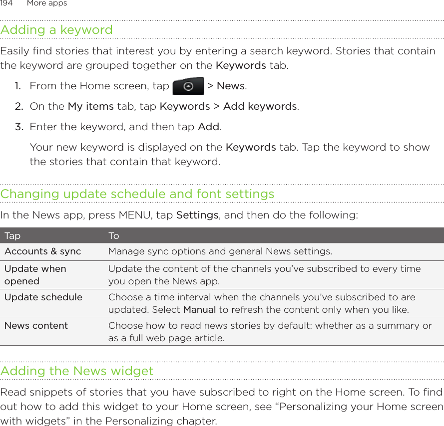 194      More apps      Adding a keywordEasily find stories that interest you by entering a search keyword. Stories that contain the keyword are grouped together on the Keywords tab. From the Home screen, tap  &gt; News.On the My items tab, tap Keywords &gt; Add keywords.Enter the keyword, and then tap Add.Your new keyword is displayed on the Keywords tab. Tap the keyword to show the stories that contain that keyword.Changing update schedule and font settingsIn the News app, press MENU, tap Settings, and then do the following:Tap ToAccounts &amp; sync Manage sync options and general News settings.Update when openedUpdate the content of the channels you’ve subscribed to every time you open the News app.Update schedule Choose a time interval when the channels you’ve subscribed to are updated. Select Manual to refresh the content only when you like.News content Choose how to read news stories by default: whether as a summary or as a full web page article.Adding the News widgetRead snippets of stories that you have subscribed to right on the Home screen. To find out how to add this widget to your Home screen, see “Personalizing your Home screen with widgets” in the Personalizing chapter.1.2.3.