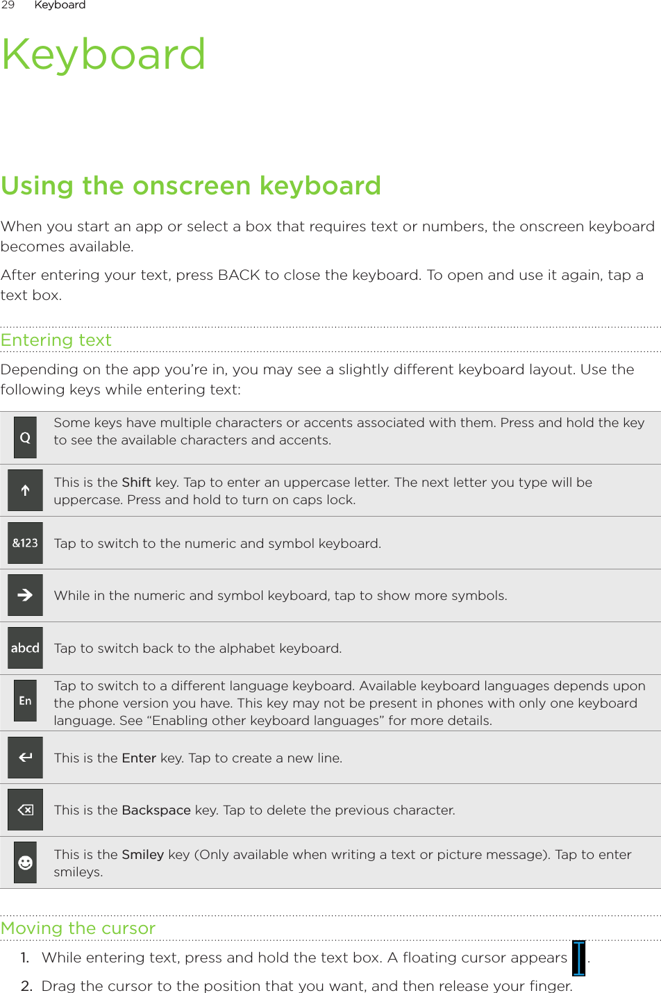29      KeyboardKeyboard      KeyboardUsing the onscreen keyboardWhen you start an app or select a box that requires text or numbers, the onscreen keyboard becomes available.After entering your text, press BACK to close the keyboard. To open and use it again, tap a text box.Entering textDepending on the app you’re in, you may see a slightly different keyboard layout. Use the following keys while entering text:Some keys have multiple characters or accents associated with them. Press and hold the key to see the available characters and accents.This is the Shift key. Tap to enter an uppercase letter. The next letter you type will be uppercase. Press and hold to turn on caps lock. Tap to switch to the numeric and symbol keyboard.While in the numeric and symbol keyboard, tap to show more symbols.Tap to switch back to the alphabet keyboard.Tap to switch to a different language keyboard. Available keyboard languages depends upon the phone version you have. This key may not be present in phones with only one keyboard language. See “Enabling other keyboard languages” for more details.This is the Enter key. Tap to create a new line.This is the Backspace key. Tap to delete the previous character.This is the Smiley key (Only available when writing a text or picture message). Tap to enter smileys.Moving the cursorWhile entering text, press and hold the text box. A floating cursor appears   .Drag the cursor to the position that you want, and then release your finger. 1.2.