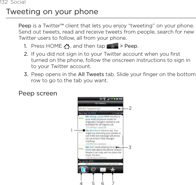 132  SocialTweeting on your phonePeep is a Twitter™ client that lets you enjoy “tweeting’’ on your phone. Send out tweets, read and receive tweets from people, search for new Twitter users to follow, all from your phone.Press HOME   , and then tap  &gt; Peep.If you did not sign in to your Twitter account when you first turned on the phone, follow the onscreen instructions to sign in to your Twitter account.Peep opens in the All Tweets tab. Slide your finger on the bottom row to go to the tab you want.Peep screen23415 6 71.2.3.