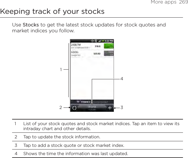 More apps  269Keeping track of your stocksUse Stocks to get the latest stock updates for stock quotes and market indices you follow. 12341  List of your stock quotes and stock market indices. Tap an item to view its intraday chart and other details.2  Tap to update the stock information.3  Tap to add a stock quote or stock market index.4  Shows the time the information was last updated.
