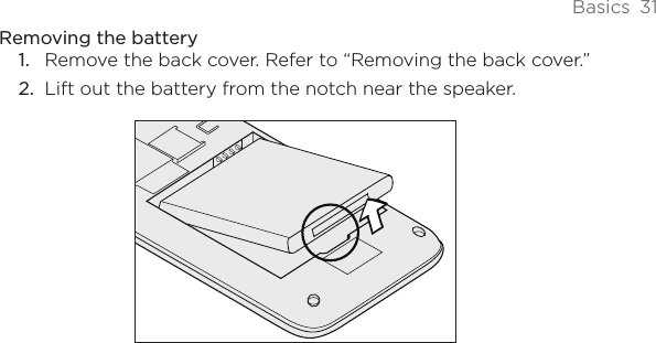 Basics  31Removing the batteryRemove the back cover. Refer to “Removing the back cover.”Lift out the battery from the notch near the speaker.1.2.