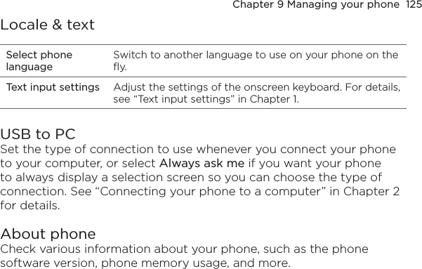 Chapter 9 Managing your phone  125Locale &amp; textSelect phone languageSwitch to another language to use on your phone on the fly.Text input settings Adjust the settings of the onscreen keyboard. For details, see “Text input settings” in Chapter 1.USB to PCSet the type of connection to use whenever you connect your phone to your computer, or select Always ask me if you want your phone to always display a selection screen so you can choose the type of connection. See “Connecting your phone to a computer” in Chapter 2 for details.About phoneCheck various information about your phone, such as the phone software version, phone memory usage, and more.
