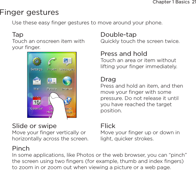 Chapter 1 Basics  21Finger gesturesUse these easy finger gestures to move around your phone.TapTouch an onscreen item with your finger.Double-tapQuickly touch the screen twice.Press and holdTouch an area or item without lifting your finger immediately.DragPress and hold an item, and then move your finger with some pressure. Do not release it until you have reached the target position.Slide or swipeMove your finger vertically or horizontally across the screen.FlickMove your finger up or down in light, quicker strokes.PinchIn some applications, like Photos or the web browser, you can “pinch” the screen using two fingers (for example, thumb and index fingers) to zoom in or zoom out when viewing a picture or a web page.