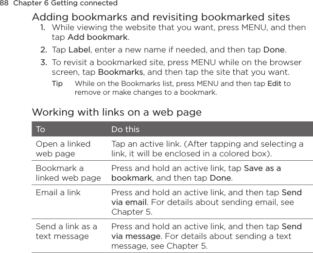 88  Chapter 6 Getting connectedAdding bookmarks and revisiting bookmarked sites1.  While viewing the website that you want, press MENU, and then tap Add bookmark.2.  Tap Label, enter a new name if needed, and then tap Done.3.  To revisit a bookmarked site, press MENU while on the browser screen, tap Bookmarks, and then tap the site that you want.Tip  While on the Bookmarks list, press MENU and then tap Edit to remove or make changes to a bookmark.Working with links on a web pageTo Do thisOpen a linked web pageTap an active link. (After tapping and selecting a link, it will be enclosed in a colored box).Bookmark a linked web pagePress and hold an active link, tap Save as a bookmark, and then tap Done.Email a link Press and hold an active link, and then tap Send via email. For details about sending email, see Chapter 5.Send a link as a text messagePress and hold an active link, and then tap Send via message. For details about sending a text message, see Chapter 5.