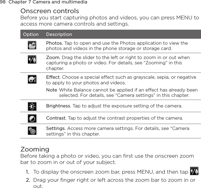 98  Chapter 7 Camera and multimediaOnscreen controlsBefore you start capturing photos and videos, you can press MENU to access more camera controls and settings.Option DescriptionPhotos. Tap to open and use the Photos application to view the photos and videos in the phone storage or storage card.Zoom. Drag the slider to the left or right to zoom in or out when capturing a photo or video. For details, see “Zooming” in this chapter.Effect. Choose a special effect such as grayscale, sepia, or negative to apply to your photos and videos.Note White Balance cannot be applied if an effect has already been selected. For details, see “Camera settings” in this chapter.Brightness. Tap to adjust the exposure setting of the camera.Contrast. Tap to adjust the contrast properties of the camera.Settings. Access more camera settings. For details, see “Camera settings” in this chapter.ZoomingBefore taking a photo or video, you can first use the onscreen zoom bar to zoom in or out of your subject.1.  To display the onscreen zoom bar, press MENU, and then tap  .2.  Drag your finger right or left across the zoom bar to zoom in or out.
