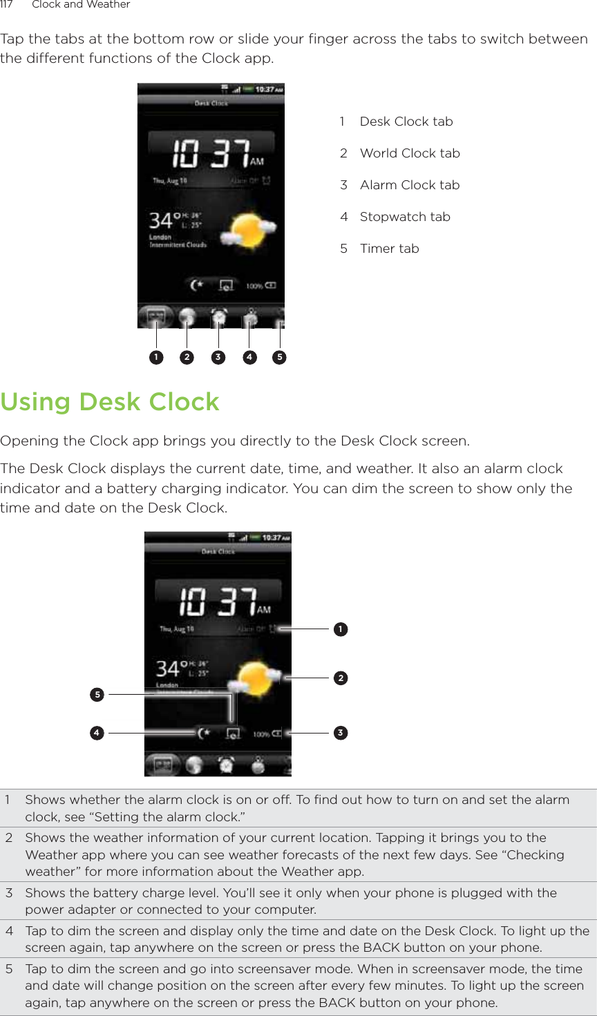 117      Clock and Weather      Tap the tabs at the bottom row or slide your finger across the tabs to switch between the different functions of the Clock app.2 3 4511  Desk Clock tab2  World Clock tab3  Alarm Clock tab4 Stopwatch tab5 Timer tabUsing Desk ClockOpening the Clock app brings you directly to the Desk Clock screen.The Desk Clock displays the current date, time, and weather. It also an alarm clock indicator and a battery charging indicator. You can dim the screen to show only the time and date on the Desk Clock.234511  Shows whether the alarm clock is on or off. To find out how to turn on and set the alarm clock, see “Setting the alarm clock.”2  Shows the weather information of your current location. Tapping it brings you to the Weather app where you can see weather forecasts of the next few days. See “Checking weather” for more information about the Weather app.3  Shows the battery charge level. You’ll see it only when your phone is plugged with the power adapter or connected to your computer.4  Tap to dim the screen and display only the time and date on the Desk Clock. To light up the screen again, tap anywhere on the screen or press the BACK button on your phone.5  Tap to dim the screen and go into screensaver mode. When in screensaver mode, the time and date will change position on the screen after every few minutes. To light up the screen again, tap anywhere on the screen or press the BACK button on your phone.