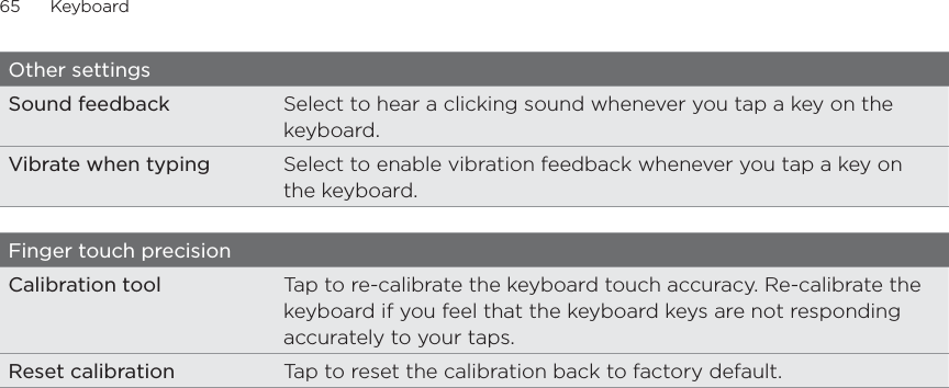 65      Keyboard      Other settingsSound feedback Select to hear a clicking sound whenever you tap a key on the keyboard. Vibrate when typing Select to enable vibration feedback whenever you tap a key on the keyboard. Finger touch precisionCalibration tool Tap to re-calibrate the keyboard touch accuracy. Re-calibrate the keyboard if you feel that the keyboard keys are not responding accurately to your taps. Reset calibration Tap to reset the calibration back to factory default.